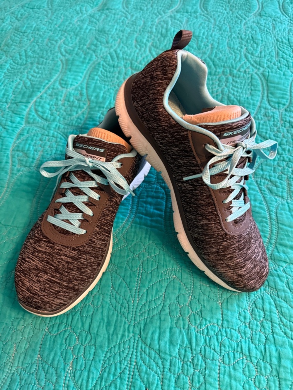 Skechers Grey Knit Sneakers with Light Blue Accents